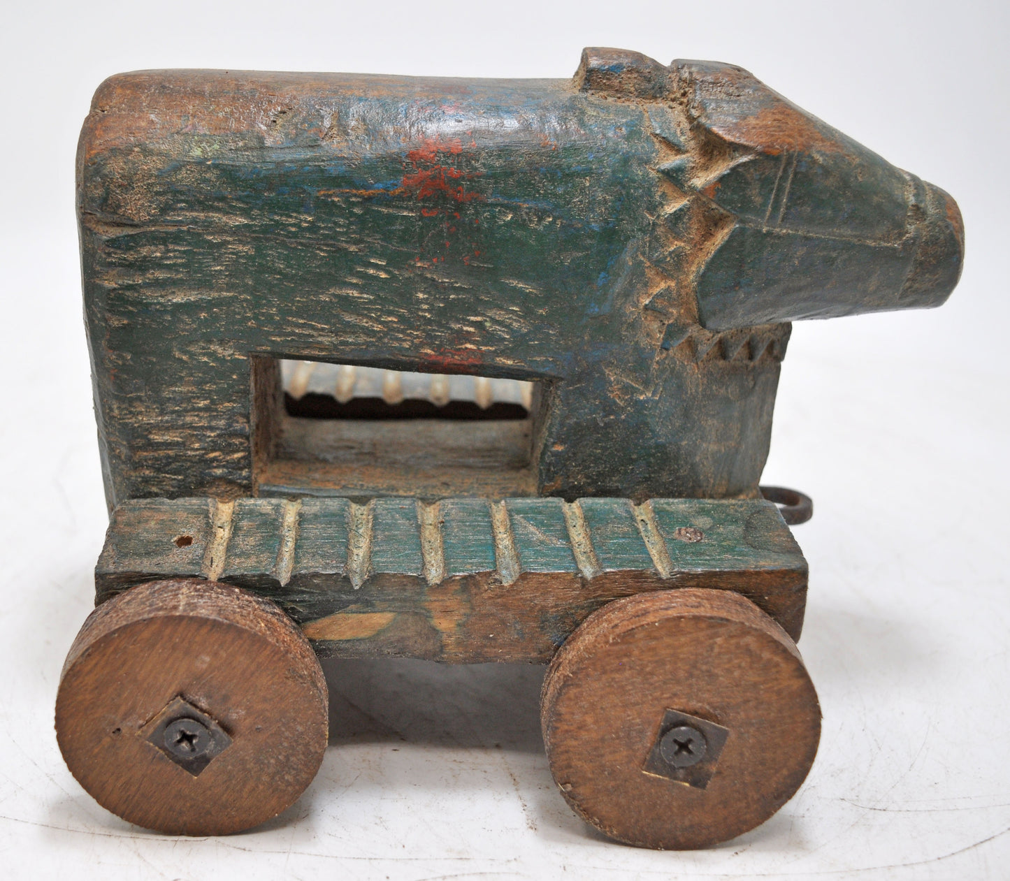 Antique Wooden Holy Cow Nandi on Wheels Figurine Original Old Fine Hand Carved