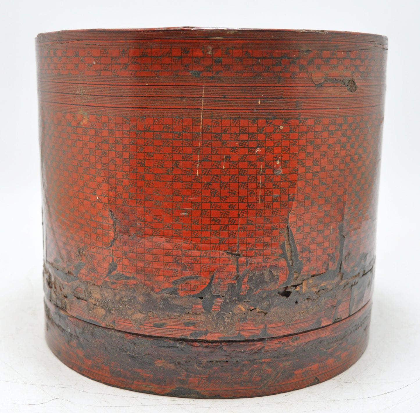 Antique Straw Round Travelling Food Box Original Old Glossy Lacquer Painted