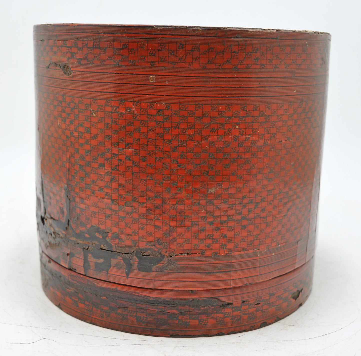 Antique Straw Round Travelling Food Box Original Old Glossy Lacquer Painted