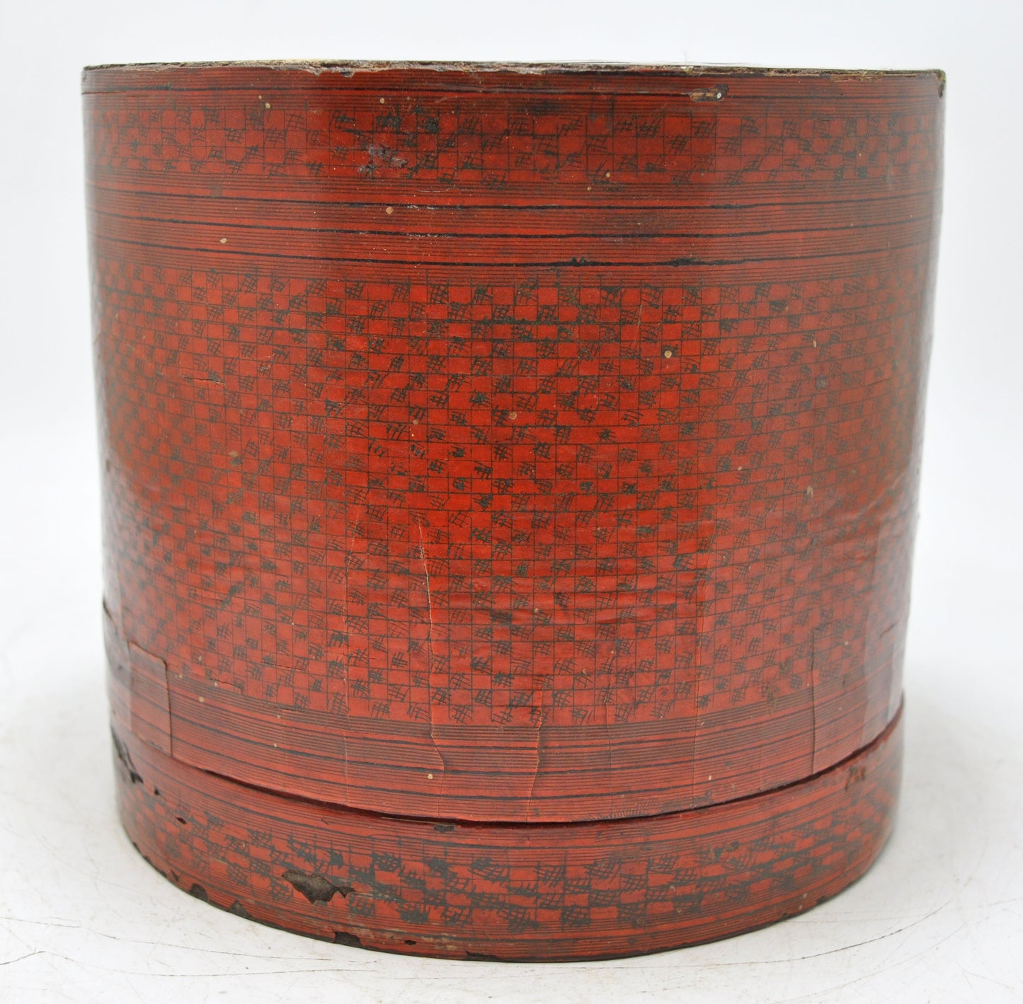 Antique Straw Round Travelling Food Box Original Old Glossy Lacquer Painted