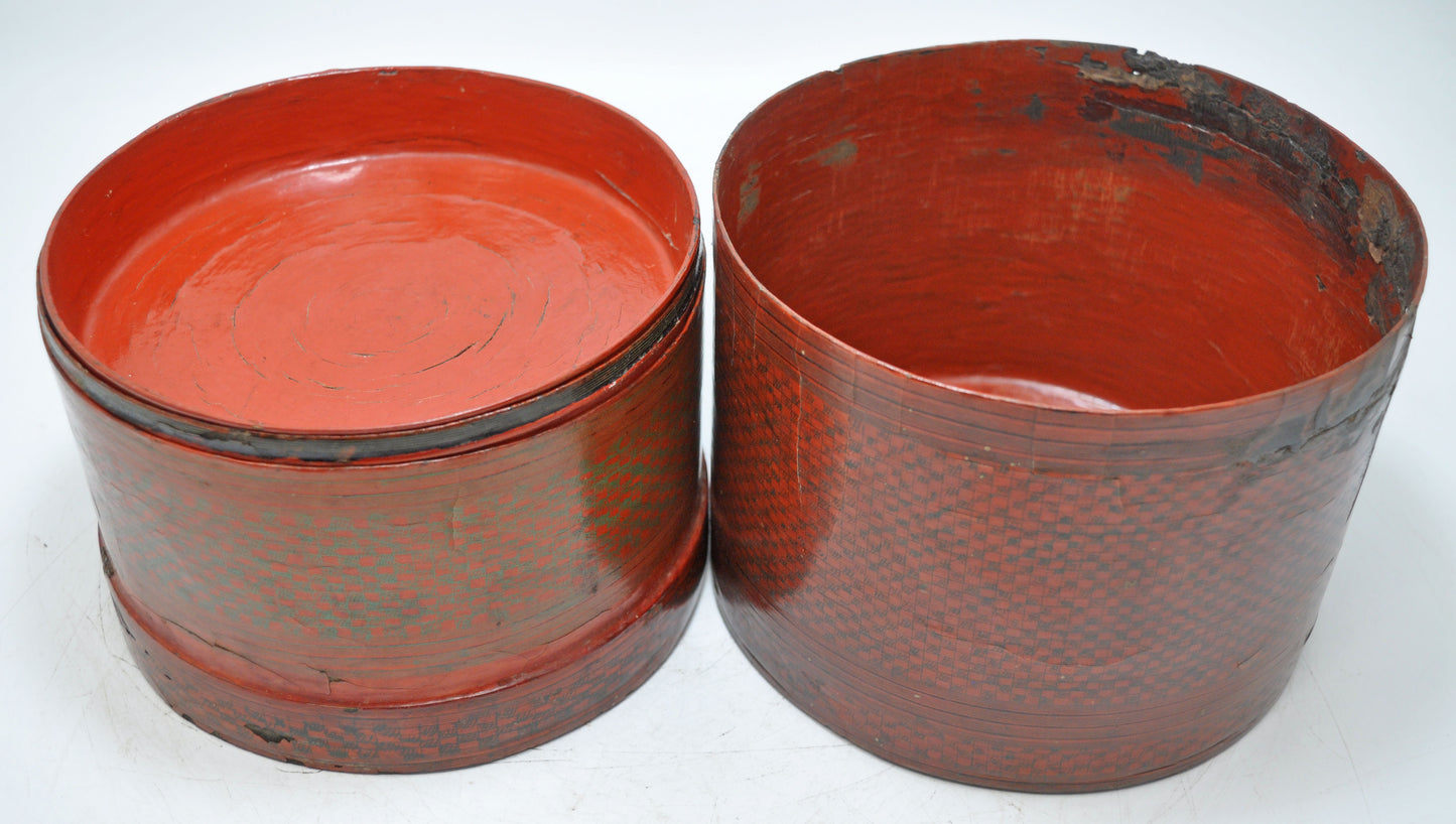 Antique Straw Round Travelling Food Box Original Old Glossy Lacquer Painted