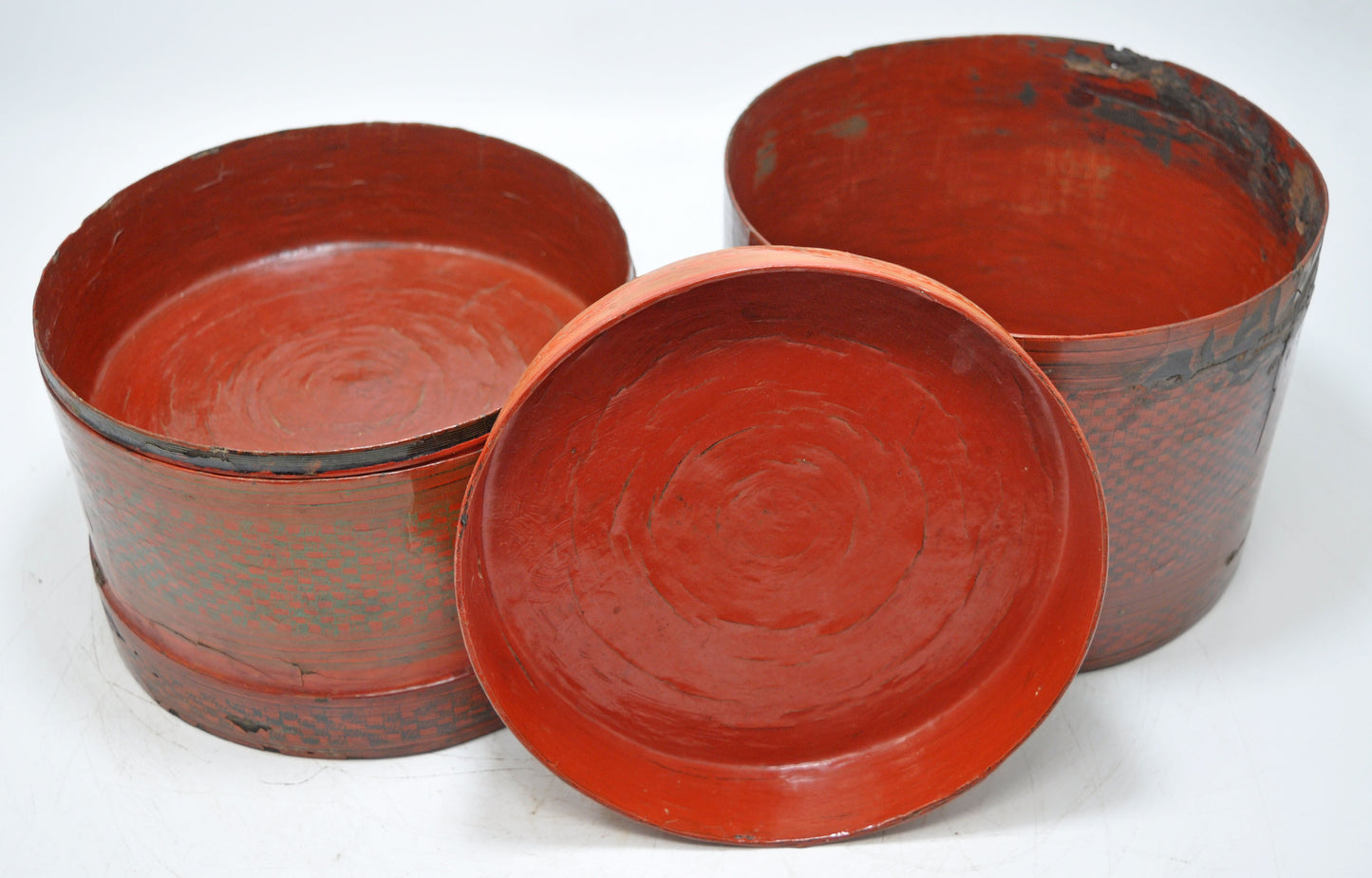 Antique Straw Round Travelling Food Box Original Old Glossy Lacquer Painted