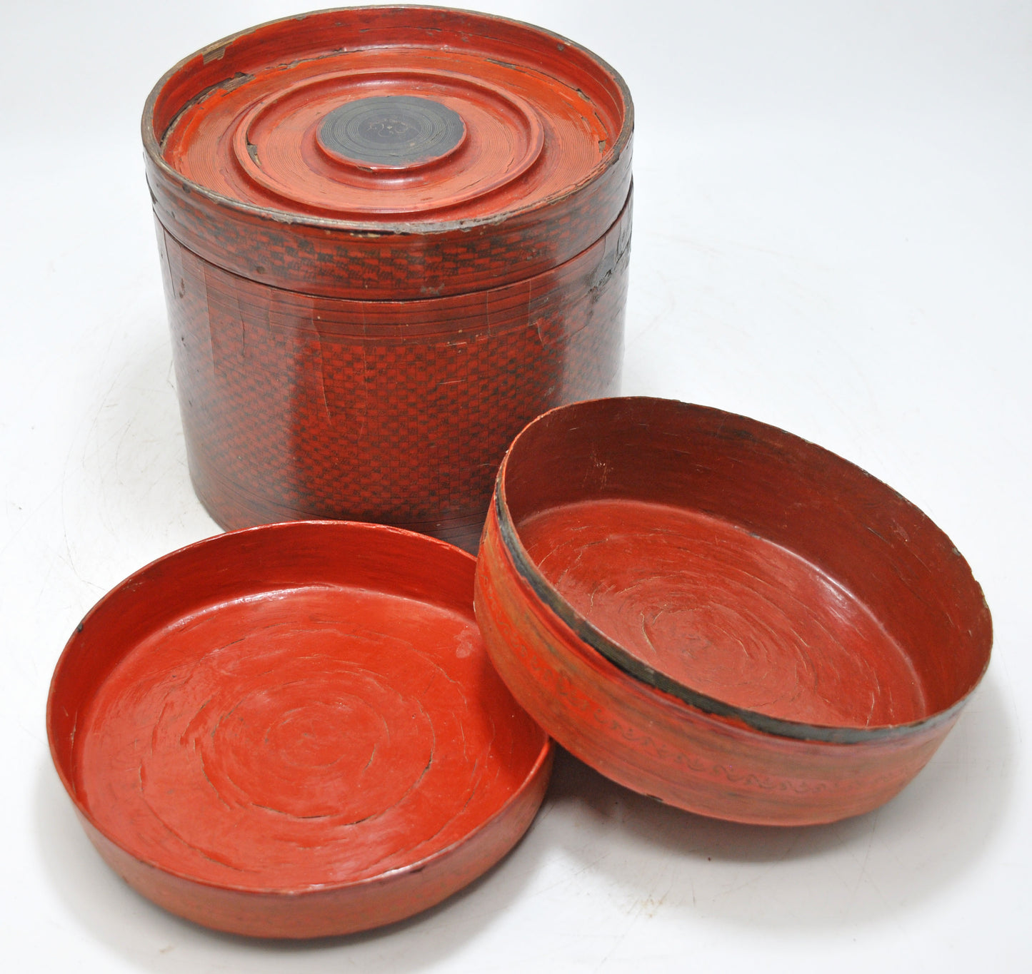 Antique Straw Round Travelling Food Box Original Old Glossy Lacquer Painted