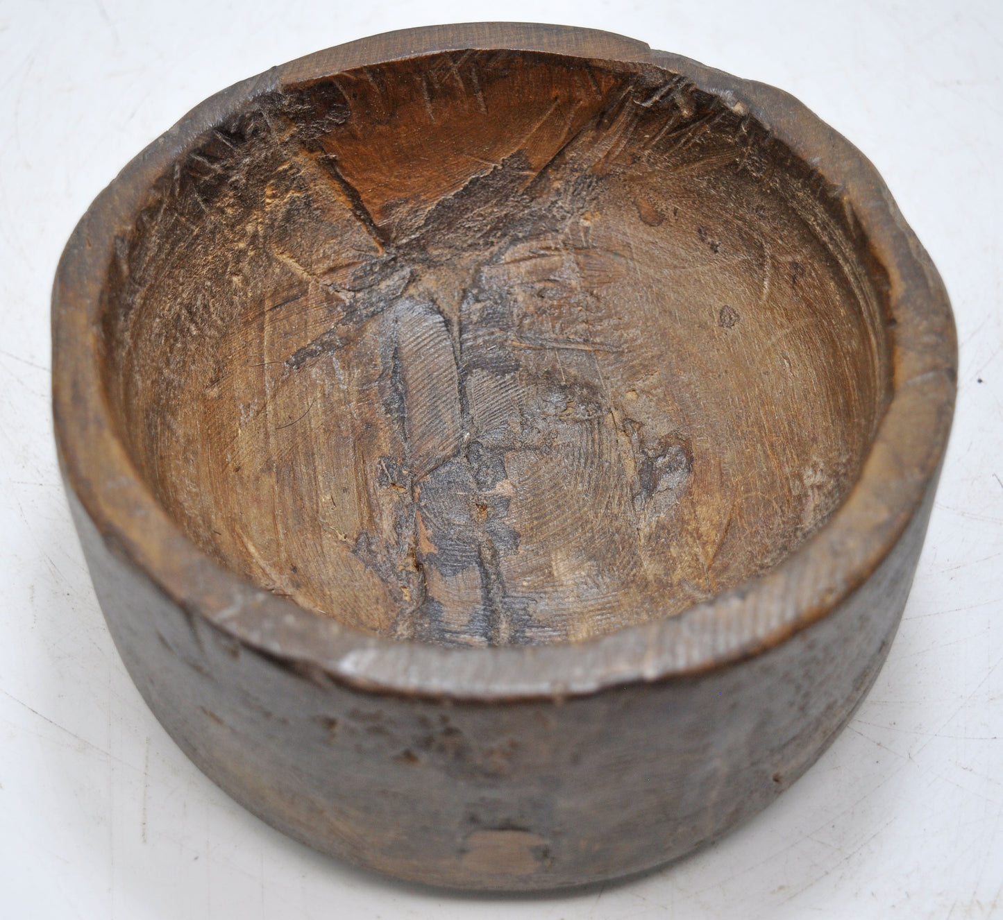 Antique Wooden Round Kitchenware Salt Spices Bowl Original Old Hand Carved