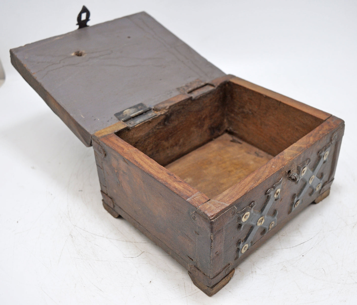 Vintage Wooden Storage Box Original Old Hand Crafted Metal Fitted