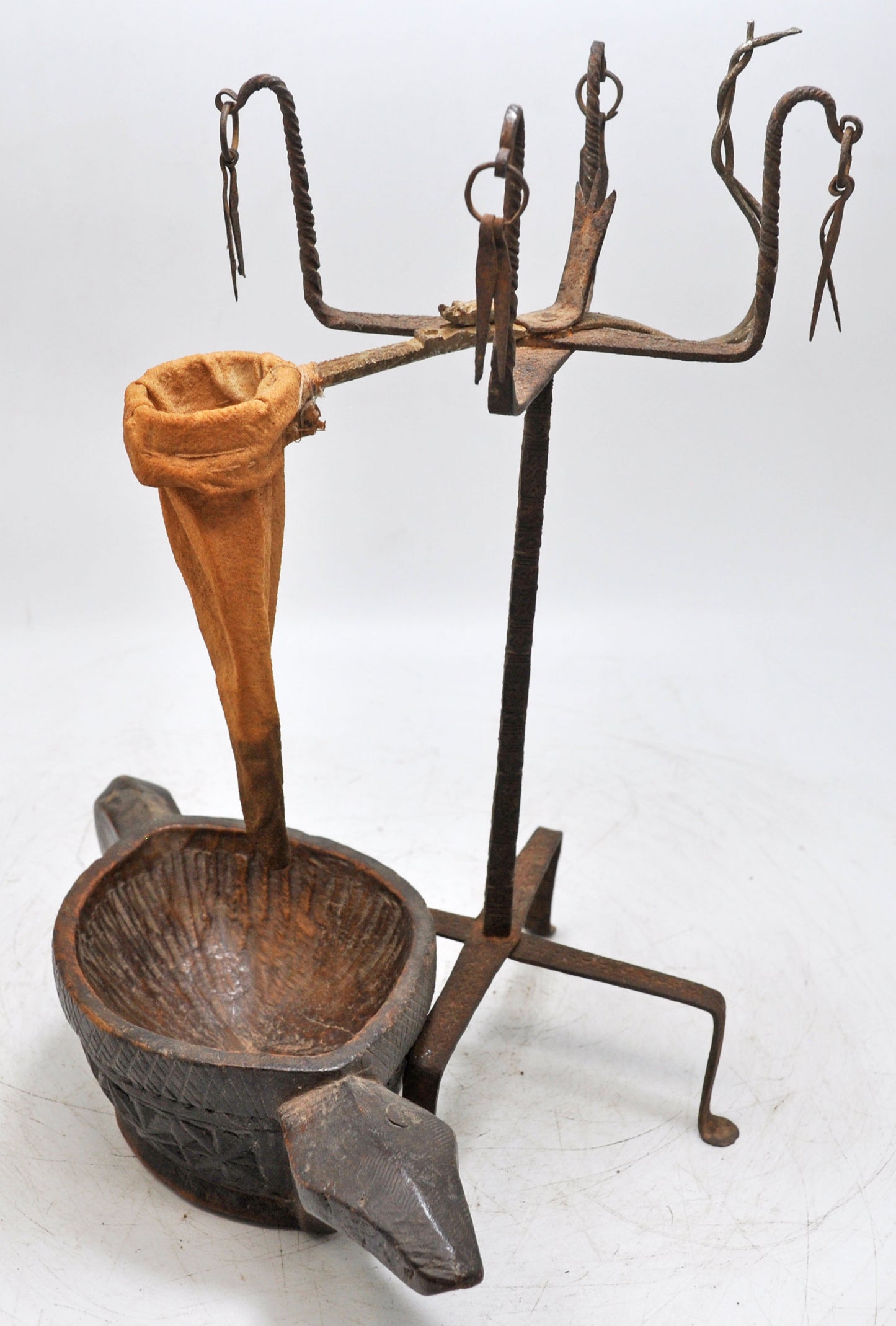 Antique Iron Opium Water Drinking Stand With Wooden Kharal Original Old Fine Rare