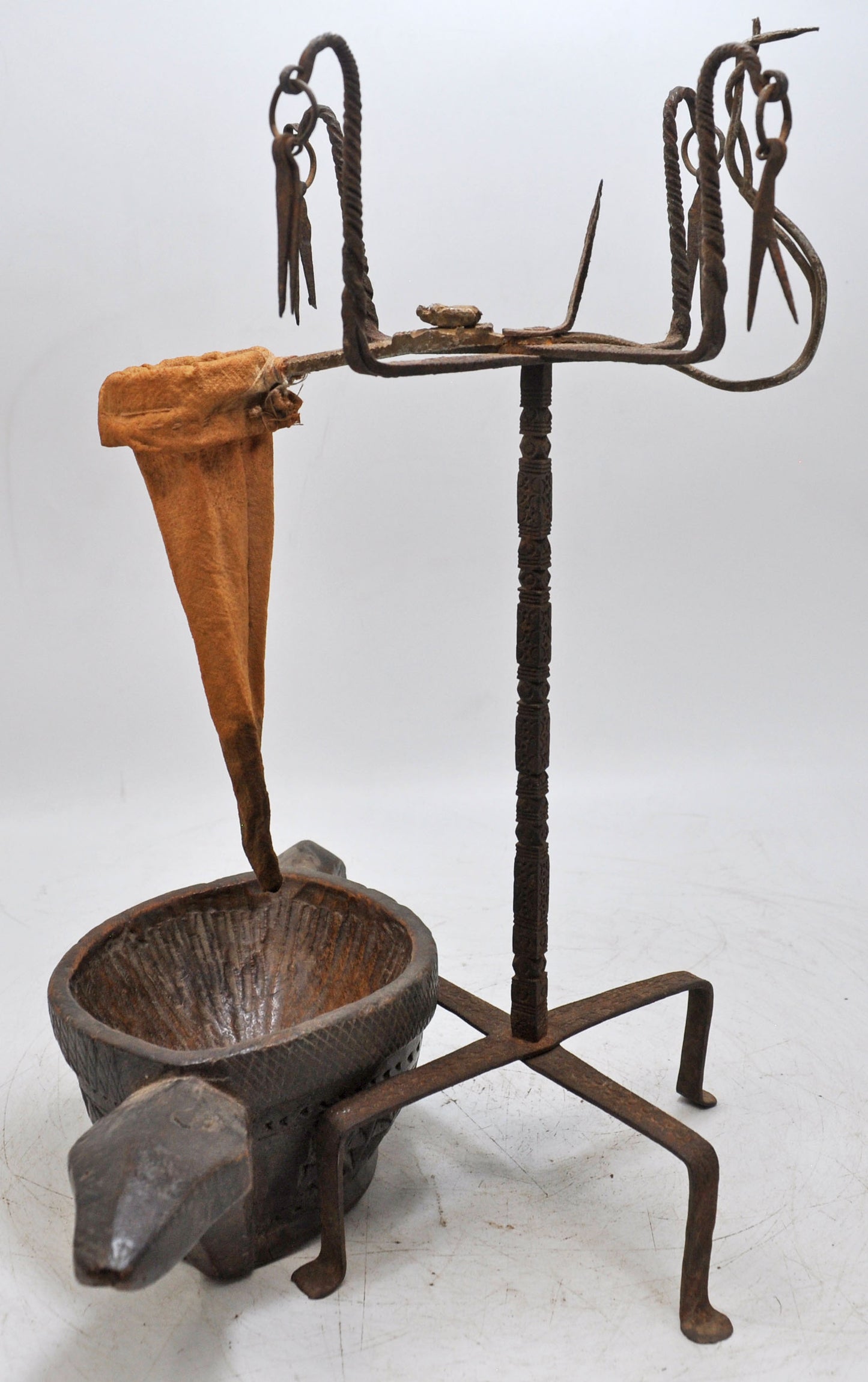 Antique Iron Opium Water Drinking Stand With Wooden Kharal Original Old Fine Rare