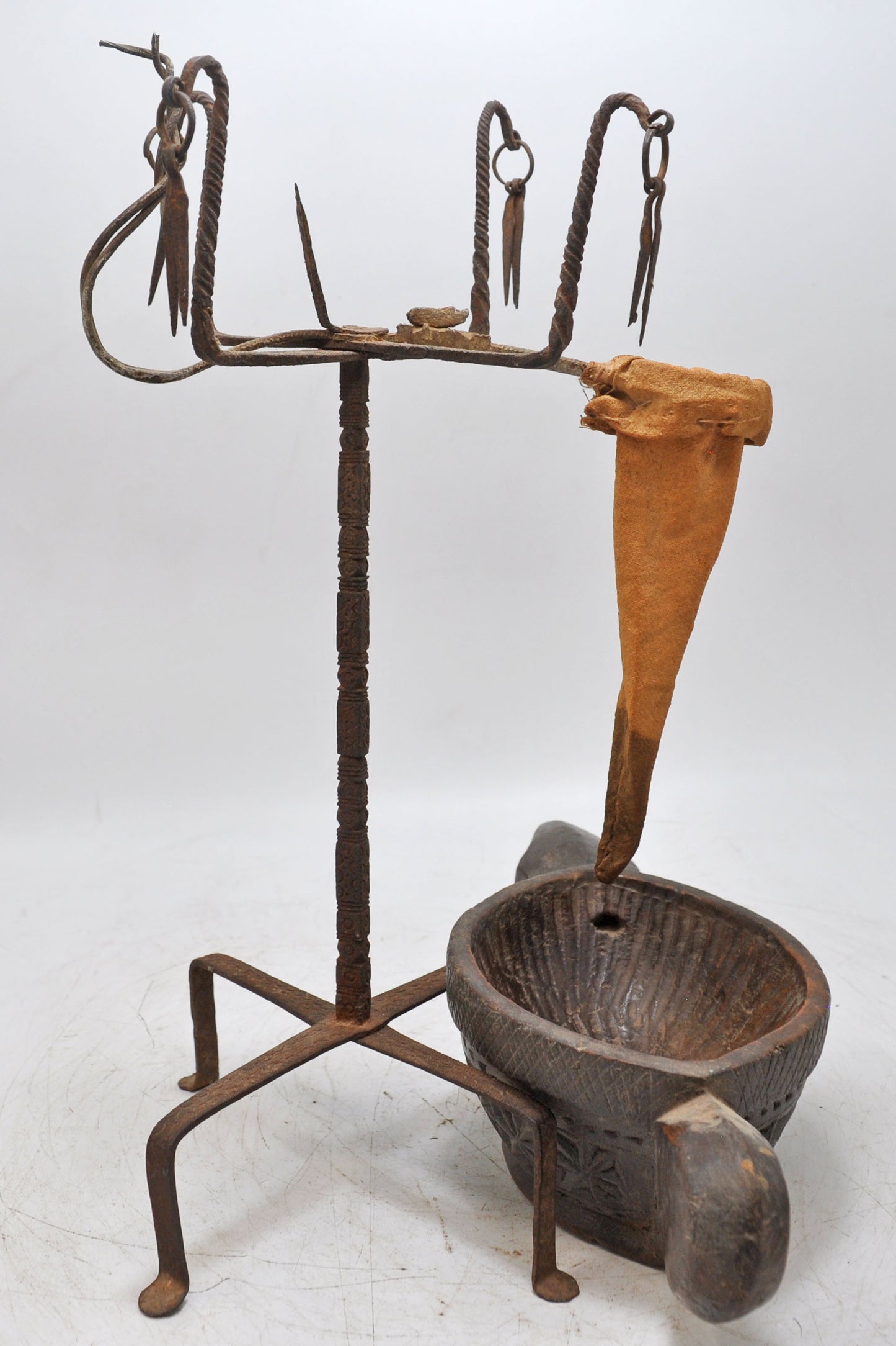 Antique Iron Opium Water Drinking Stand With Wooden Kharal Original Old Fine Rare