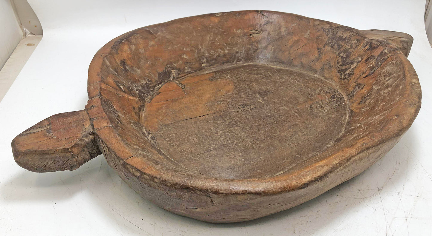 Antique Wooden Dough Kneading Parat Bowl With Handle Original Old hand Carved