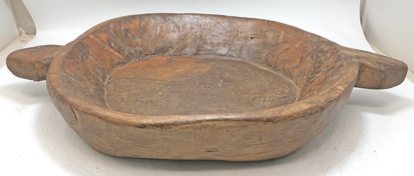 Antique Wooden Dough Kneading Parat Bowl With Handle Original Old hand Carved