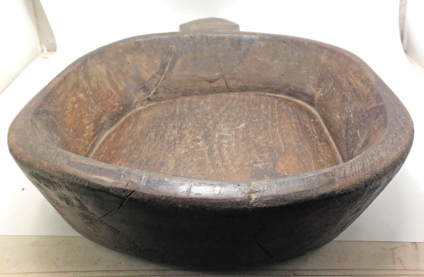 Antique Wooden Dough Kneading Parat Bowl With Handle Original Old hand Carved