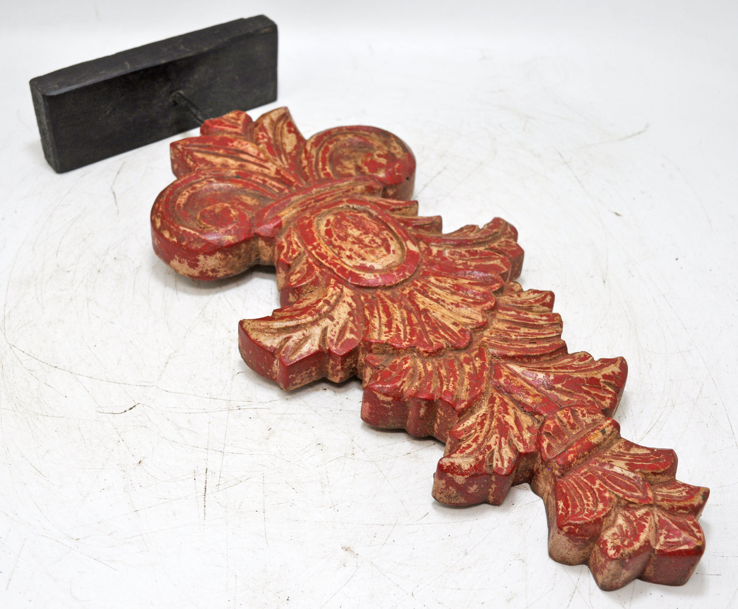 Hand Carved Wooden Floral Carving Panel Plaque Red Rustic Painted