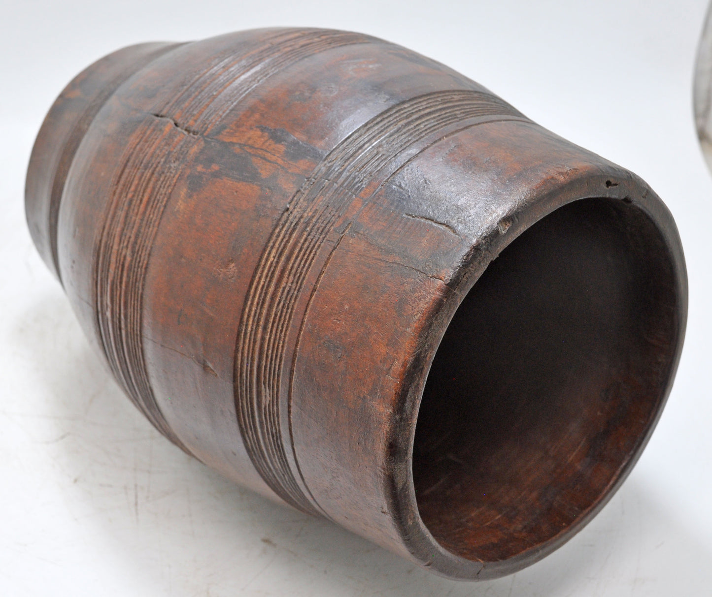 Antique Wooden Drum Shaped Round Grinding Pot Original Old Hand Carved