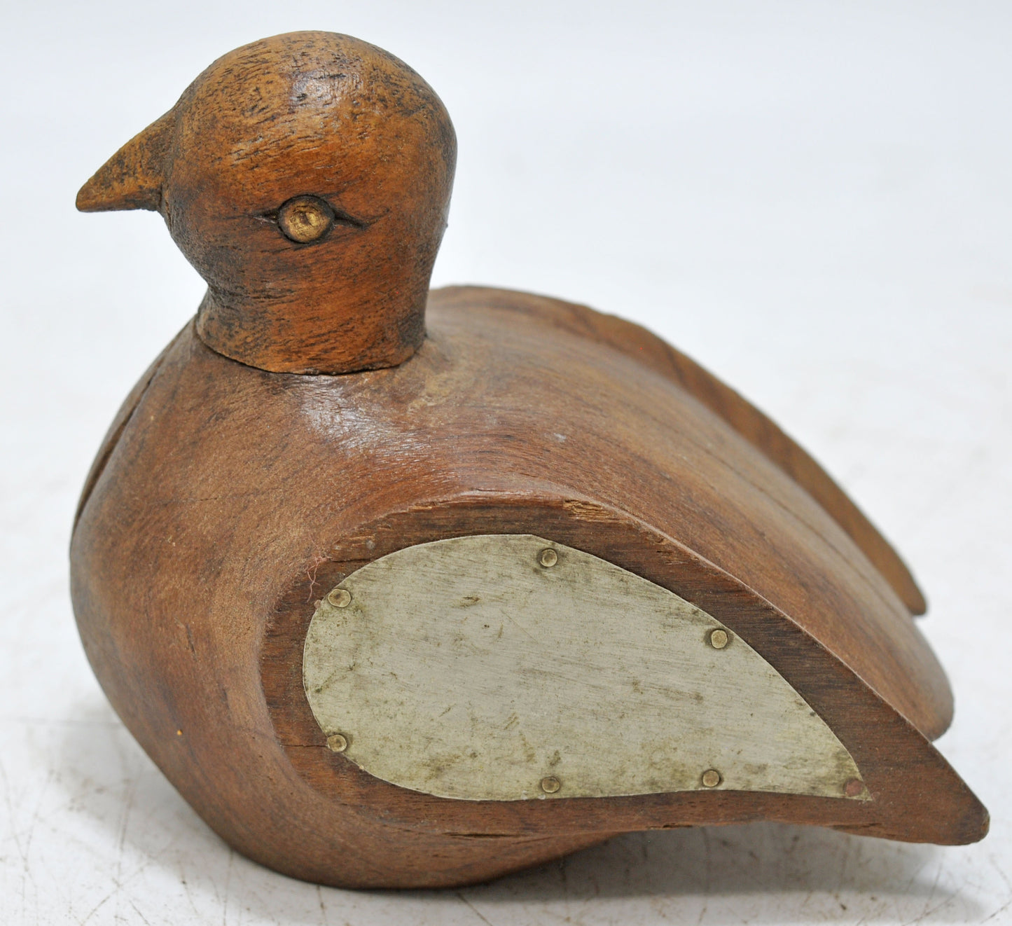 Vintage Wooden Duck Bird Figurine Original Old Hand Carved White Metal Fitted