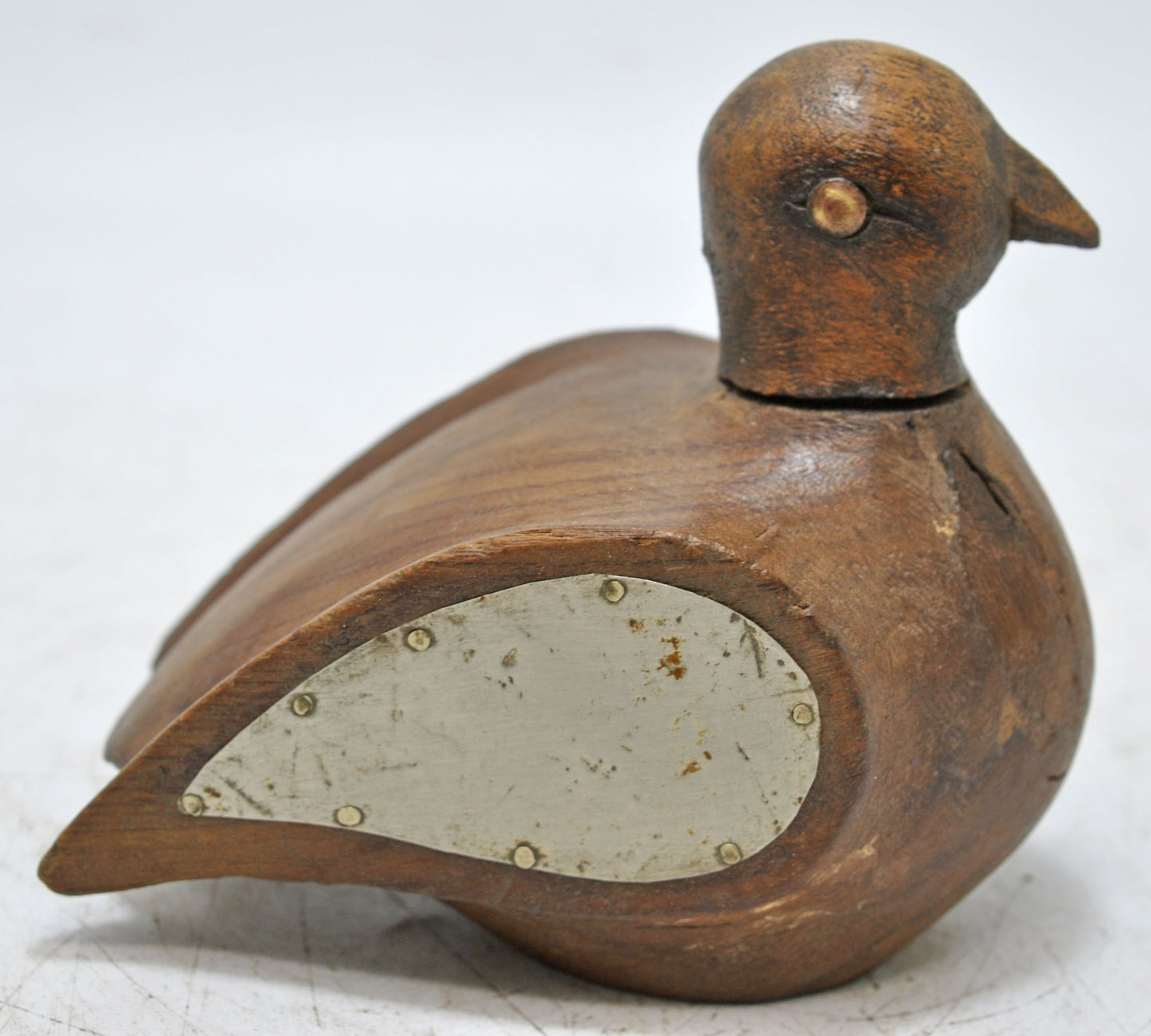 Vintage Wooden Duck Bird Figurine Original Old Hand Carved White Metal Fitted