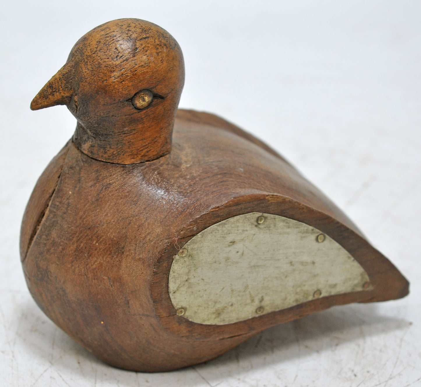 Vintage Wooden Duck Bird Figurine Original Old Hand Carved White Metal Fitted