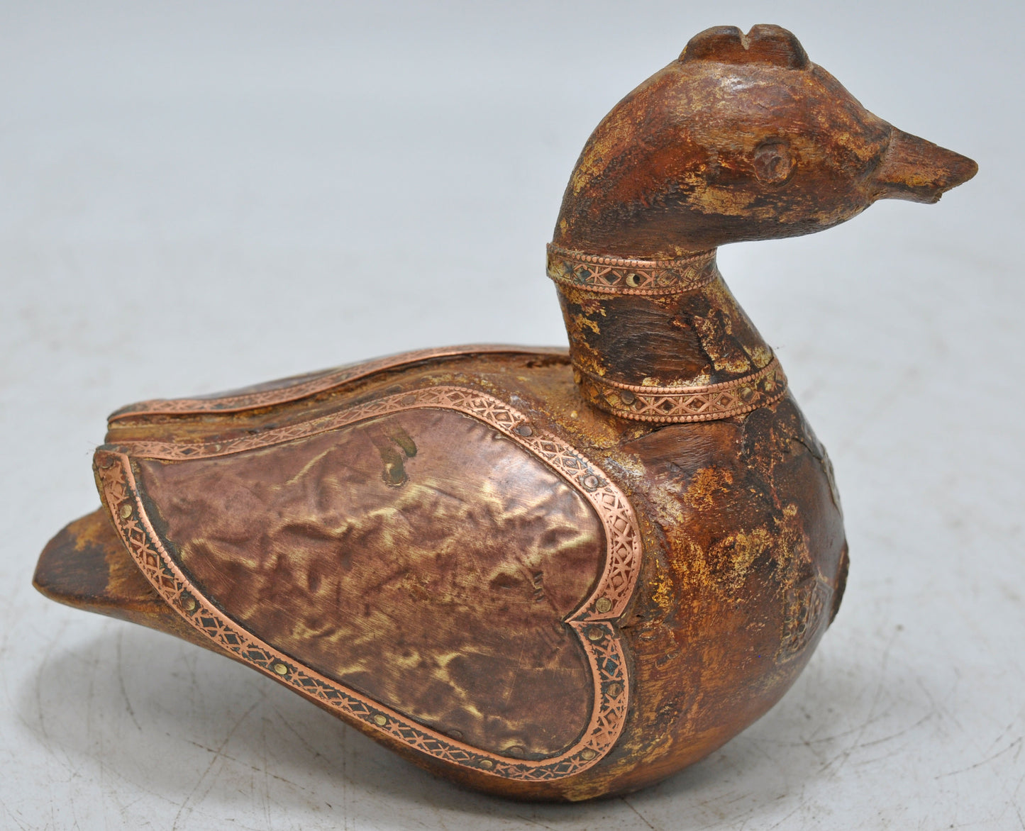 Vintage Wooden Duck Bird Figurine Original Old Hand Carved Copper Fitted