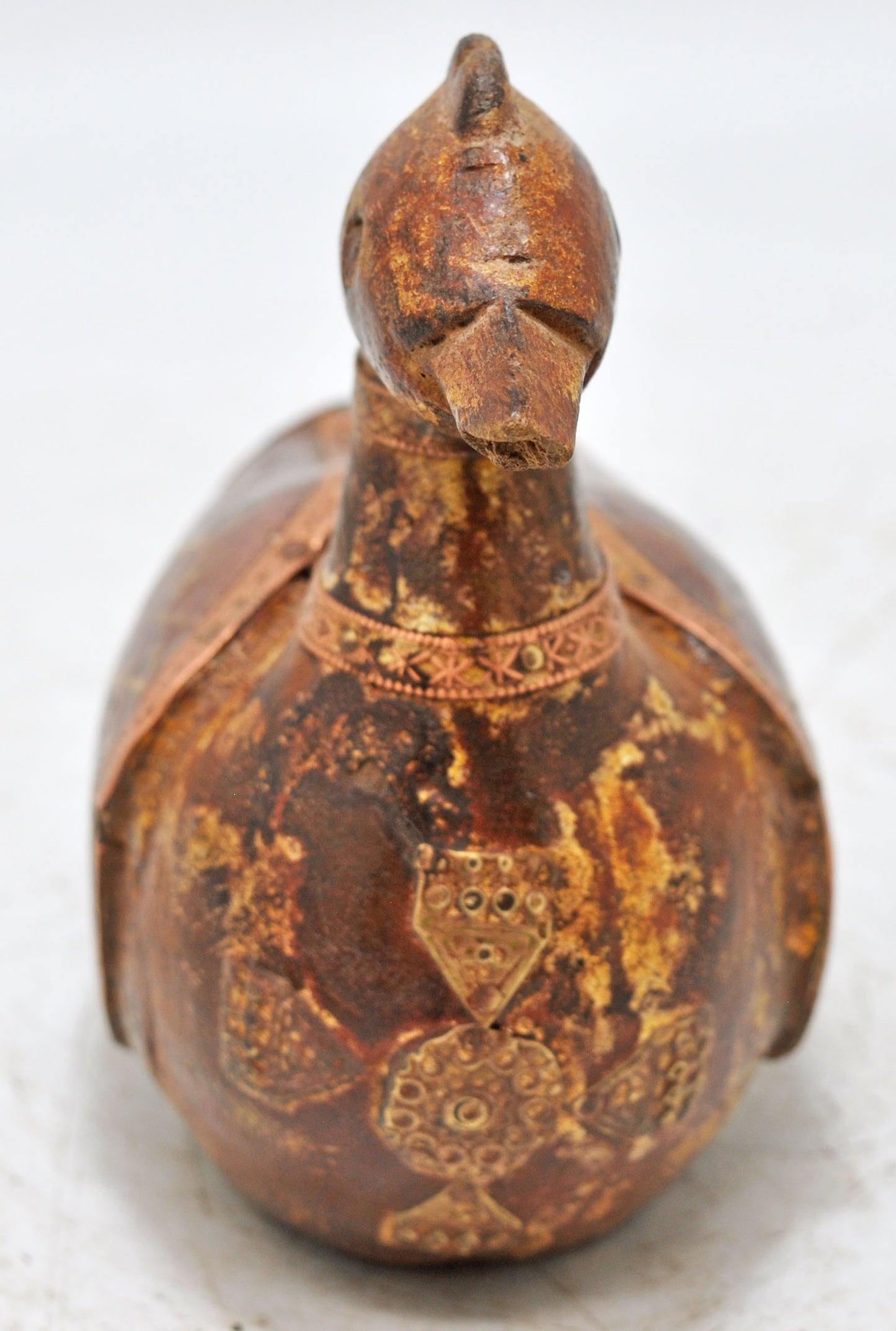 Vintage Wooden Duck Bird Figurine Original Old Hand Carved Copper Fitted