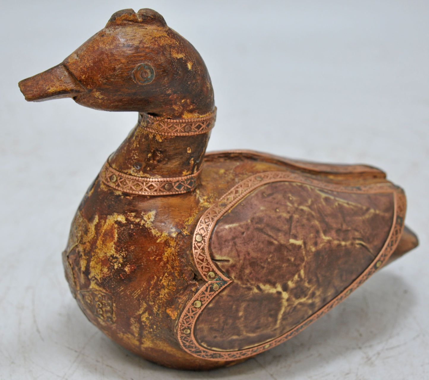 Vintage Wooden Duck Bird Figurine Original Old Hand Carved Copper Fitted