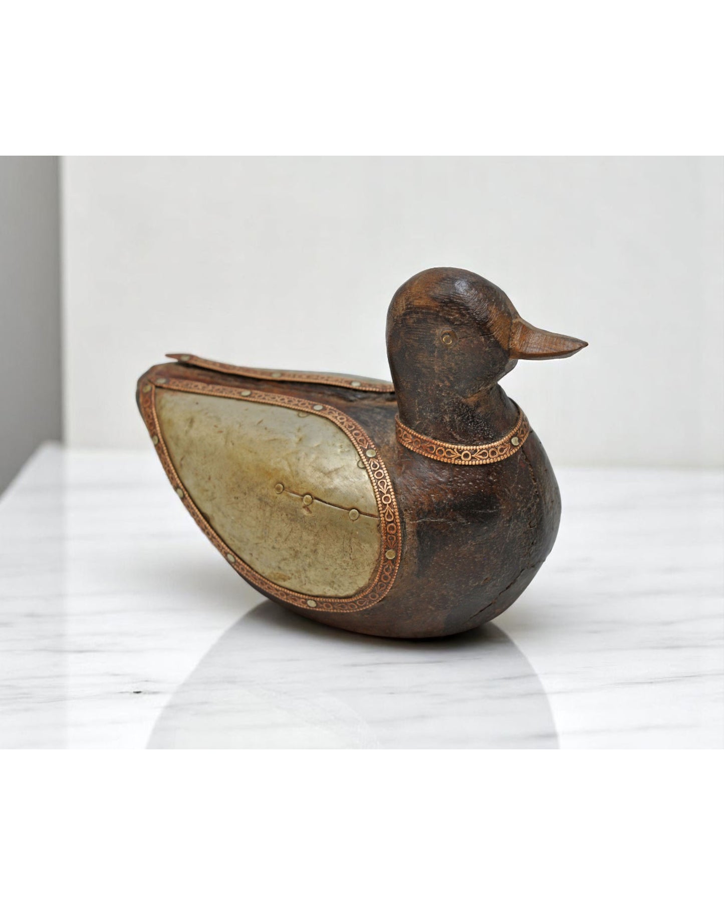 Vintage Wooden Duck Bird Figurine Original Old Hand Carved Brass Fitted