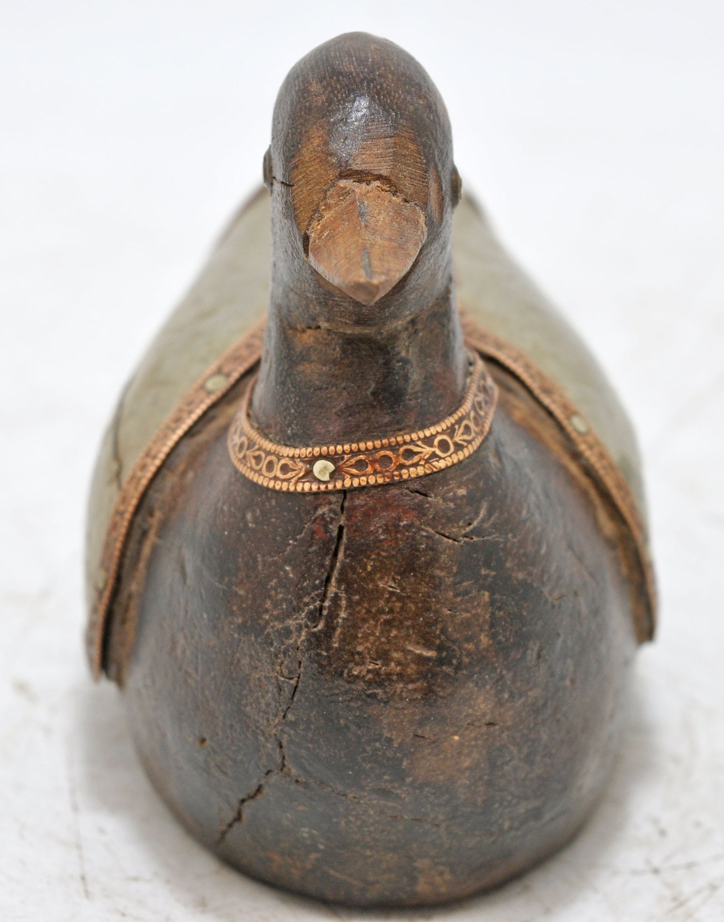 Vintage Wooden Duck Bird Figurine Original Old Hand Carved Brass Fitted