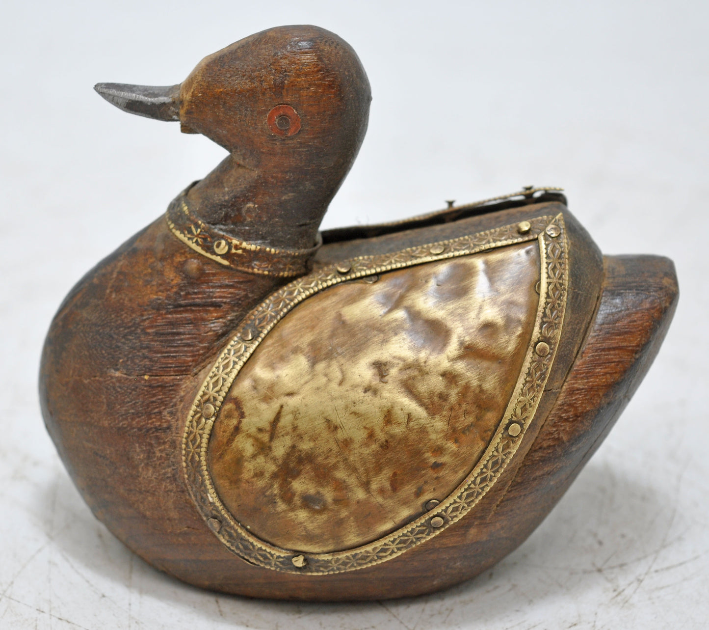 Vintage Wooden Duck Bird Figurine Original Old Hand Carved Brass Fitted