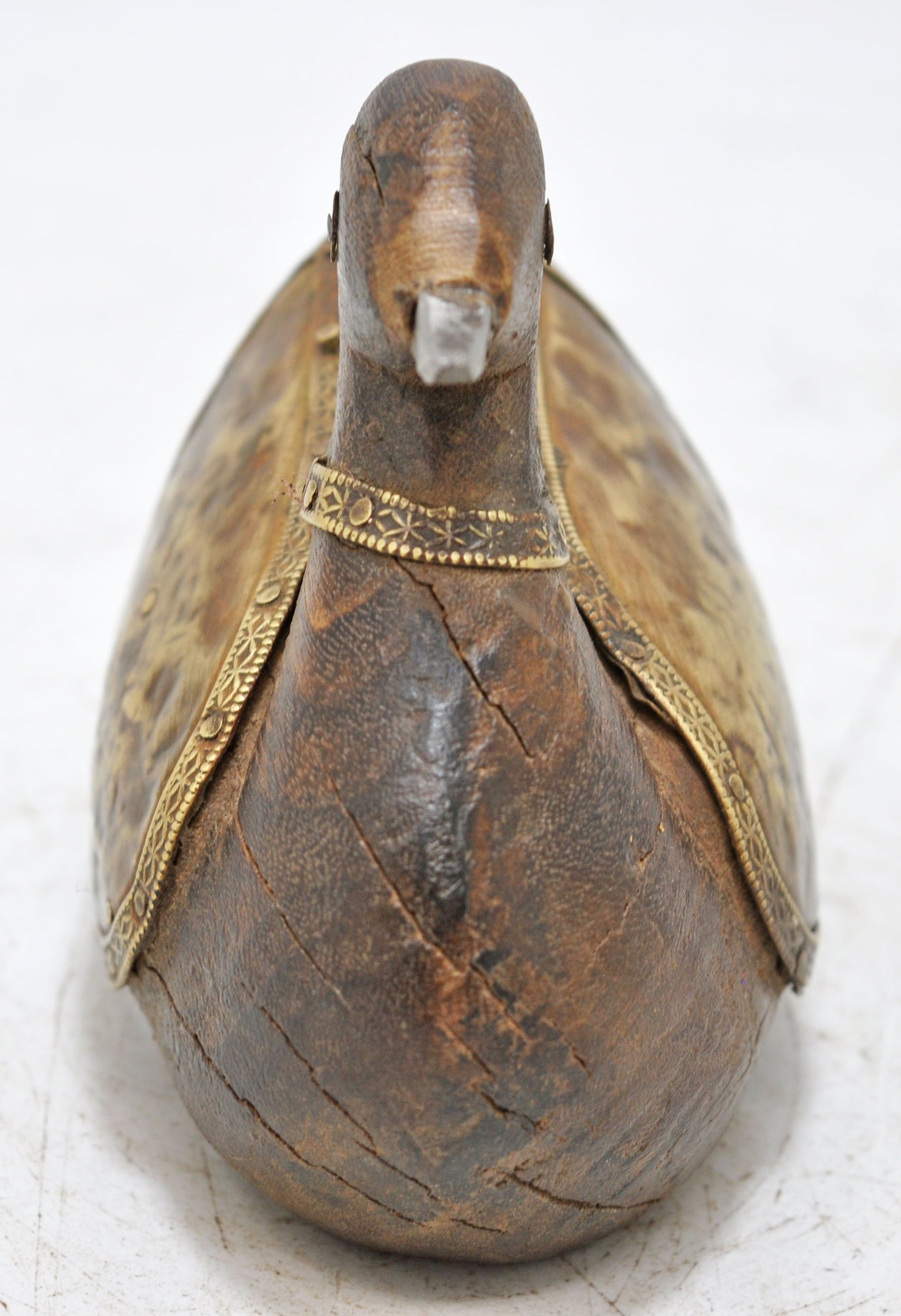 Vintage Wooden Duck Bird Figurine Original Old Hand Carved Brass Fitted