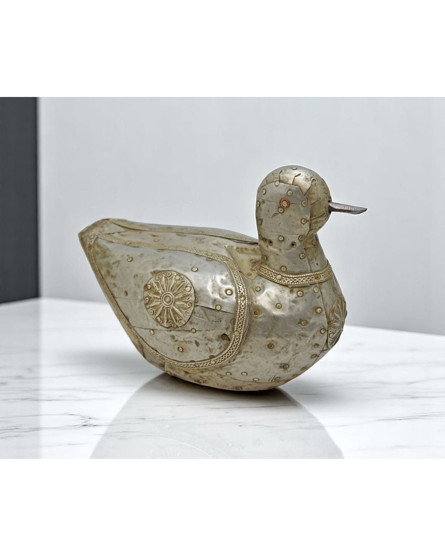 Vintage Wooden Duck Bird Figurine Original Old Hand Carved Fine White Metal Fitted
