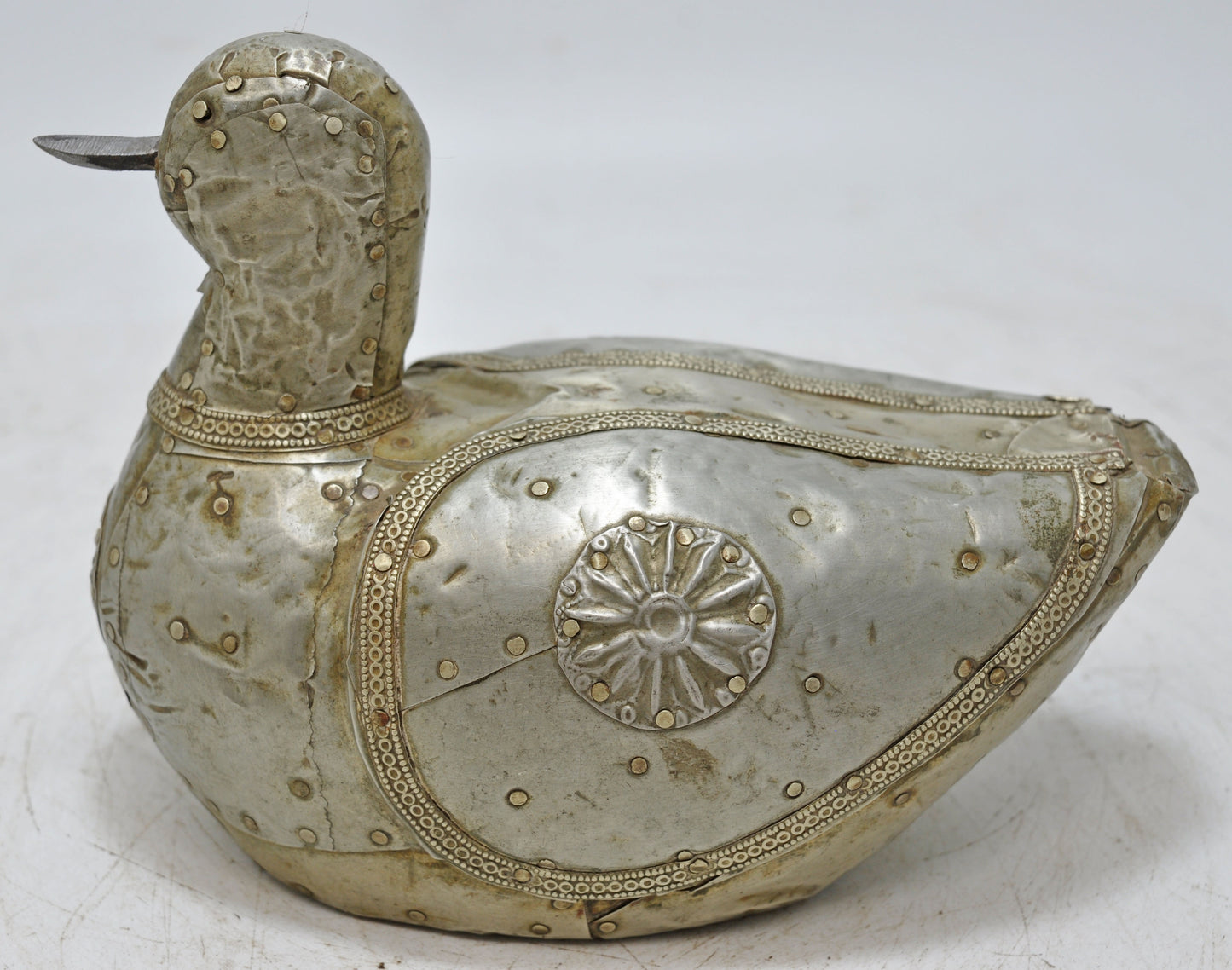 Vintage Wooden Duck Bird Figurine Original Old Hand Carved Fine White Metal Fitted