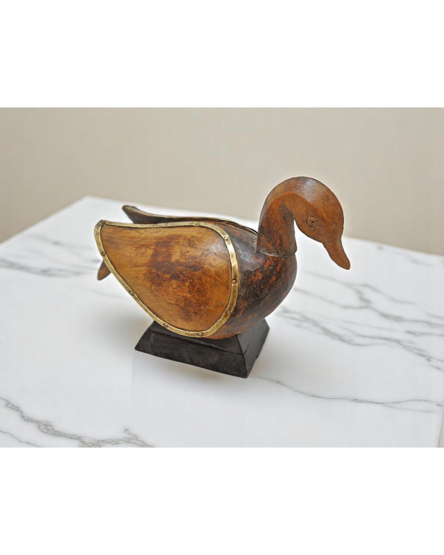 Vintage Wooden Duck Bird Figurine Original Old Hand Carved Brass Fitted