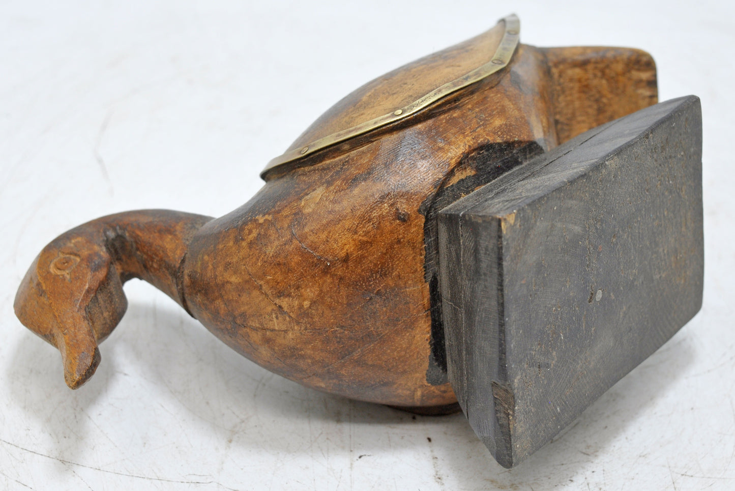 Vintage Wooden Duck Bird Figurine Original Old Hand Carved Brass Fitted