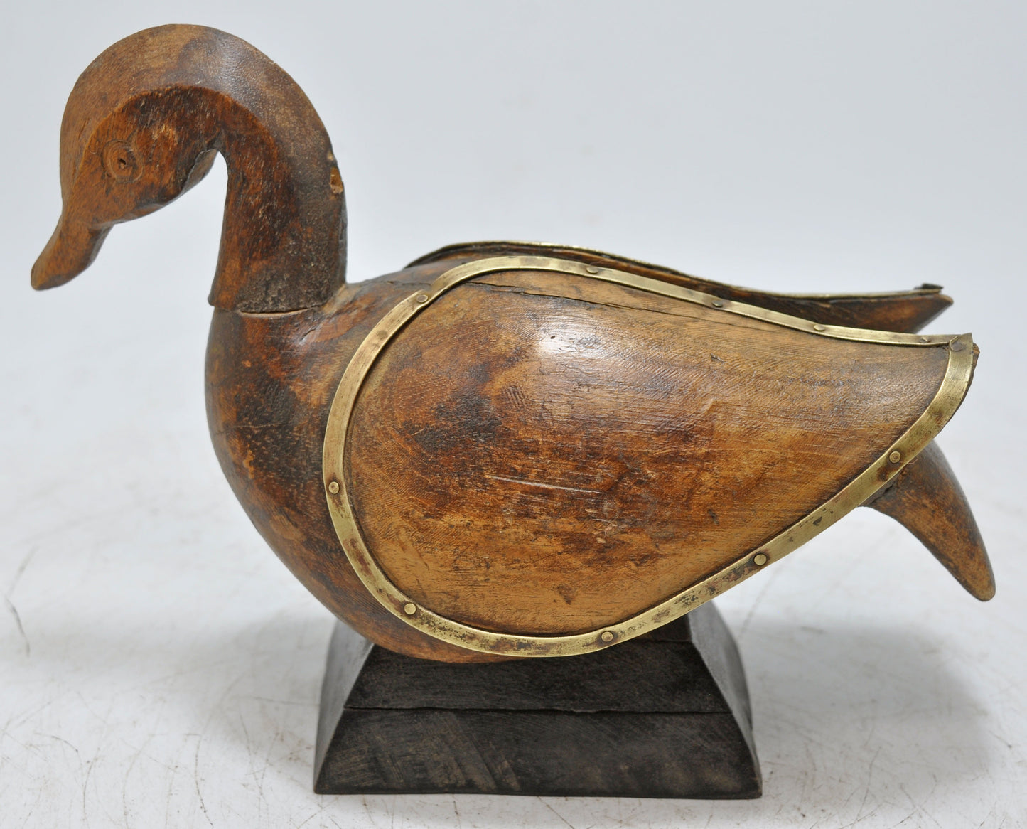 Vintage Wooden Duck Bird Figurine Original Old Hand Carved Brass Fitted