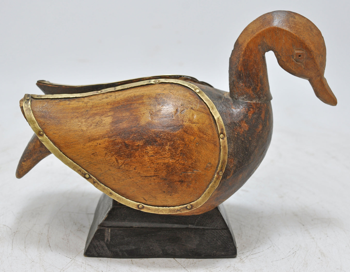 Vintage Wooden Duck Bird Figurine Original Old Hand Carved Brass Fitted