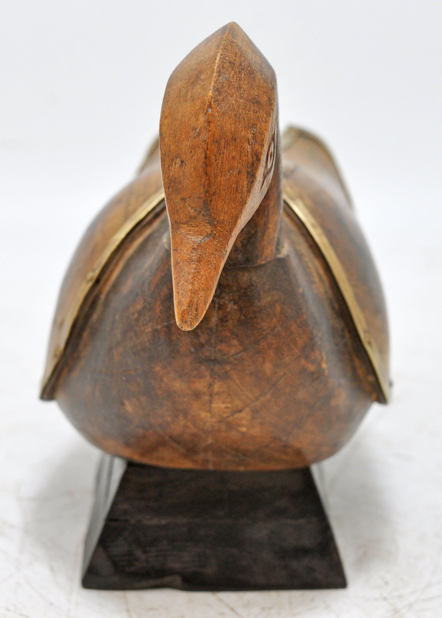 Vintage Wooden Duck Bird Figurine Original Old Hand Carved Brass Fitted