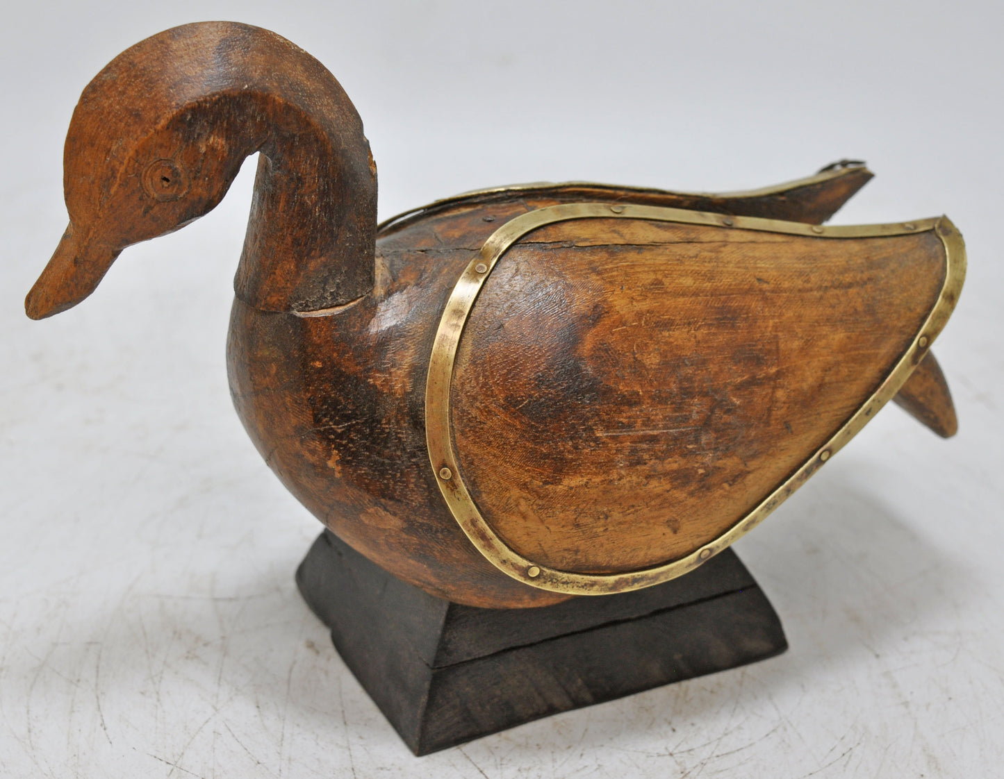 Vintage Wooden Duck Bird Figurine Original Old Hand Carved Brass Fitted