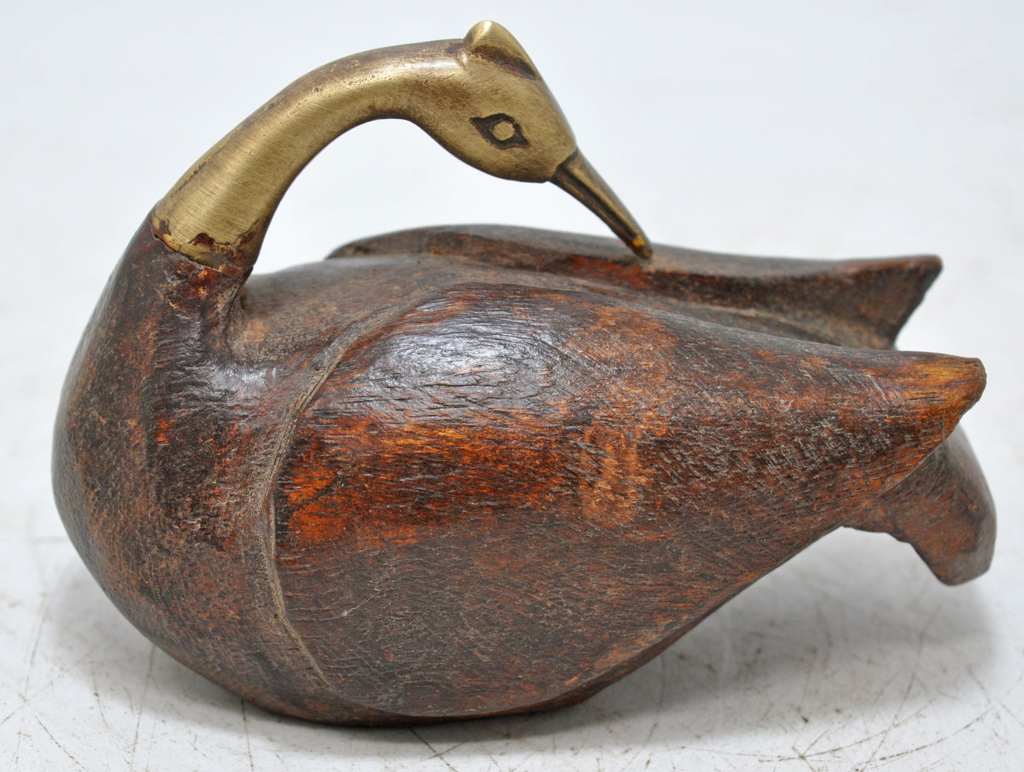 Vintage Wooden Duck Bird Figurine Original Old Hand Carved Brass Fitted