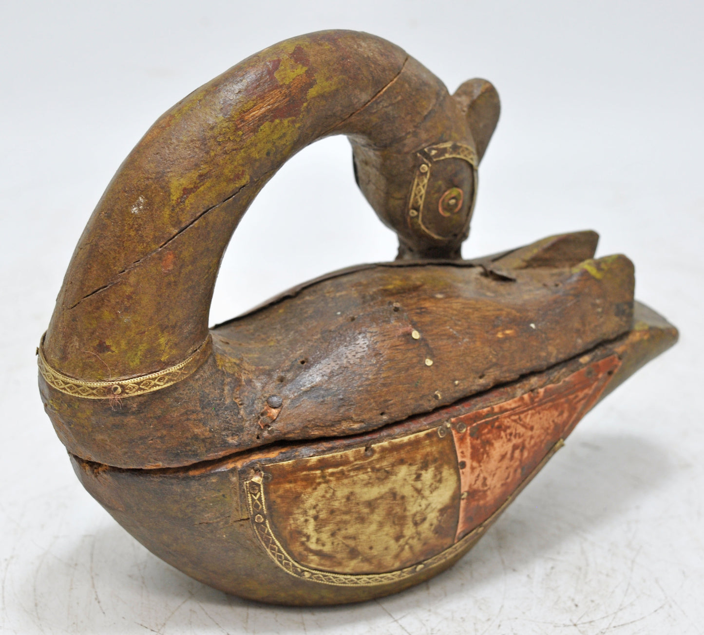 Vintage Wooden Duck Bird Figurine Original Old Hand Carved Brass Copper Fitted