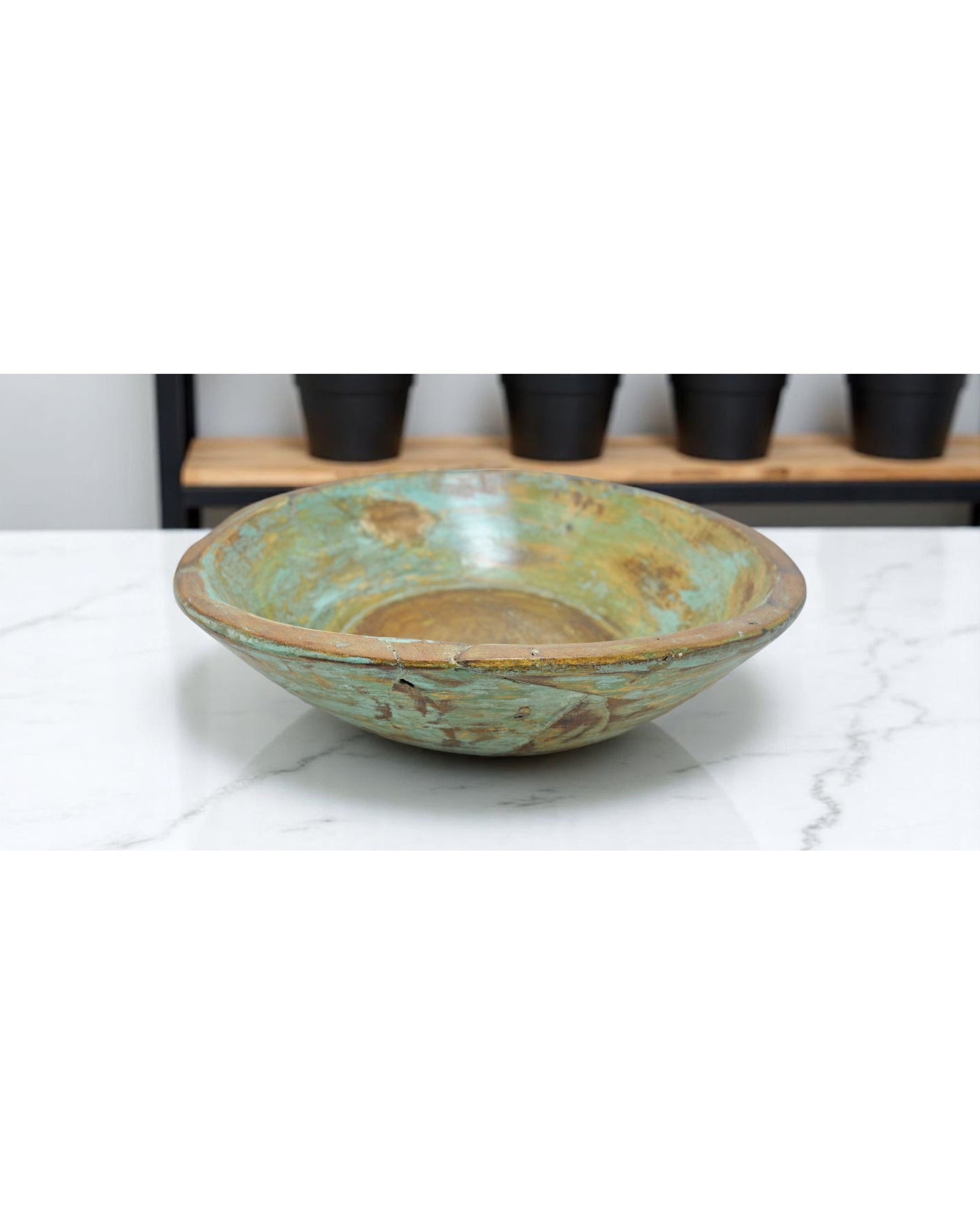 Antique Wooden Dough Kneading Parat Bowl Original Old Hand Carved Blue