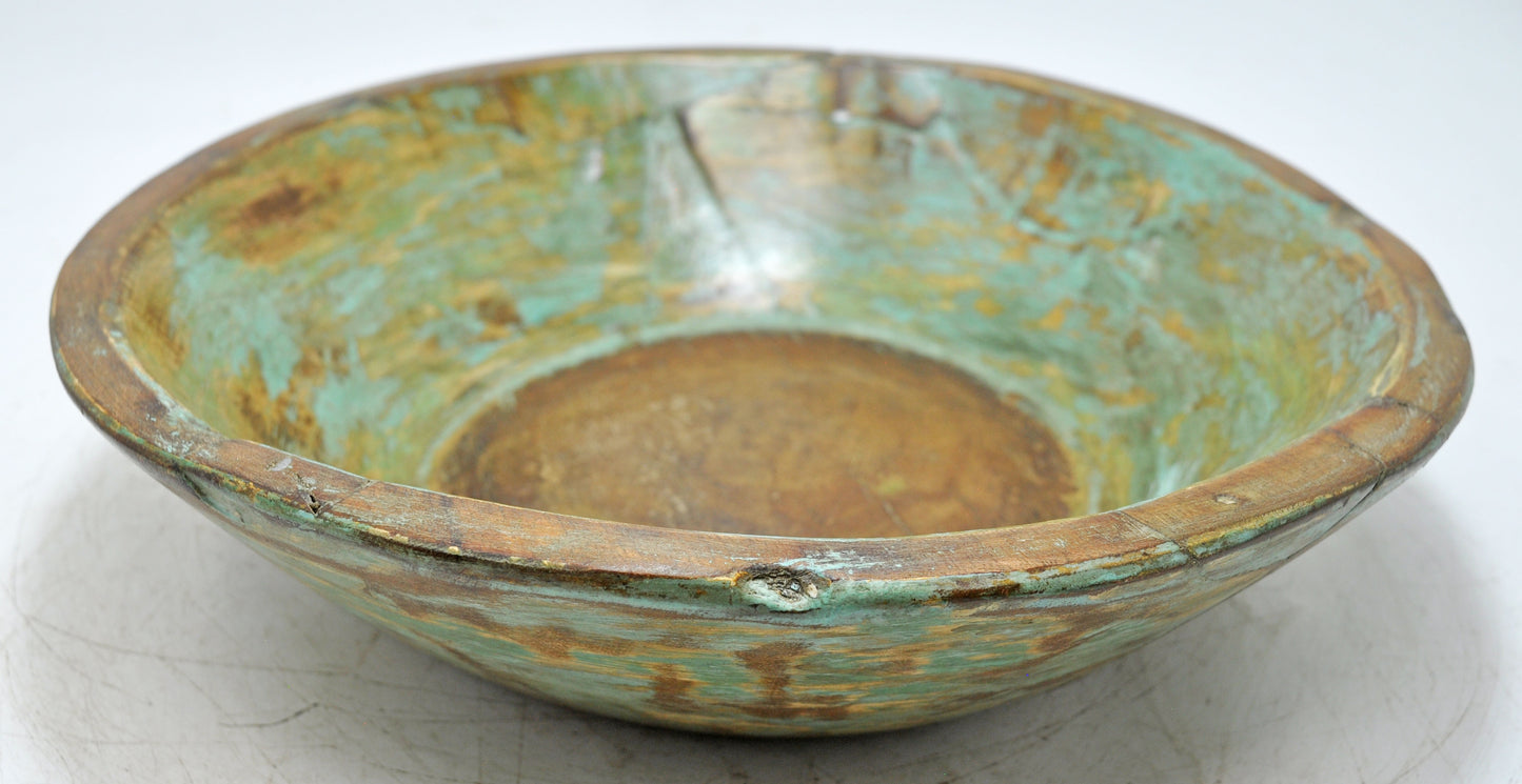 Antique Wooden Dough Kneading Parat Bowl Original Old Hand Carved Blue