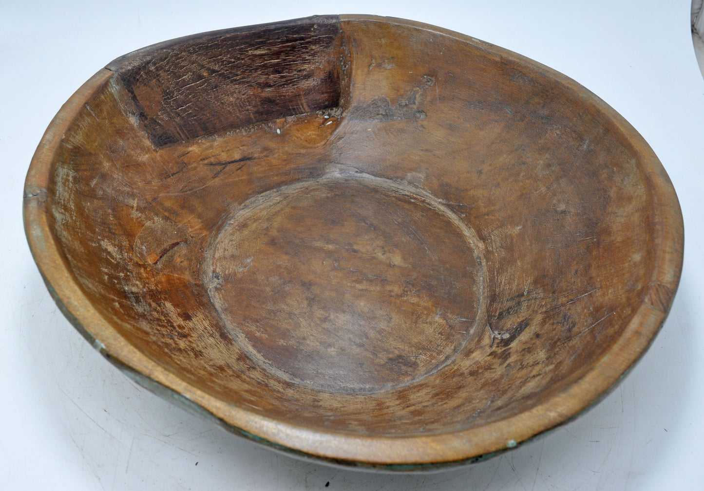 Antique Wooden Dough Kneading Parat Bowl Original Old Hand Carved Blue