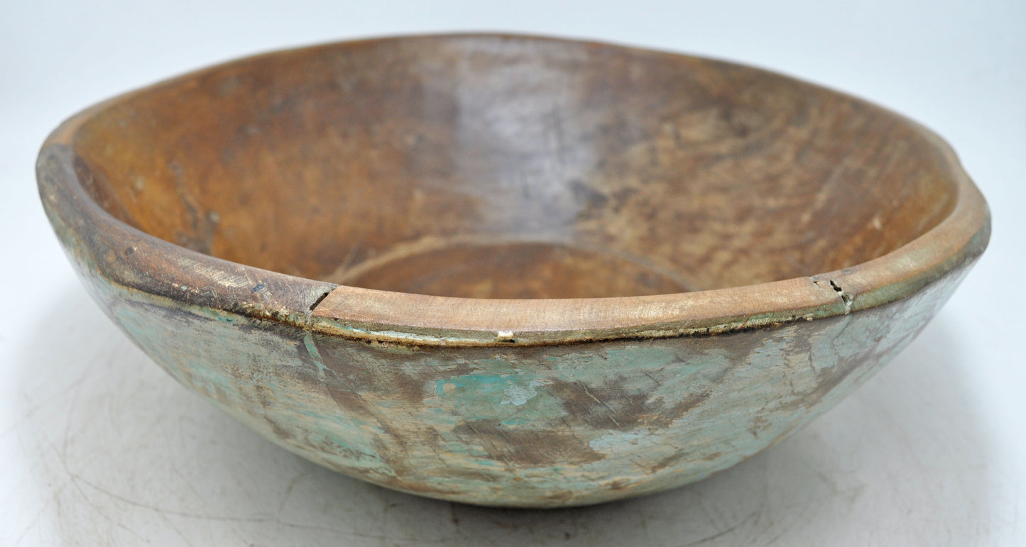 Antique Wooden Dough Kneading Parat Bowl Original Old Hand Carved Blue