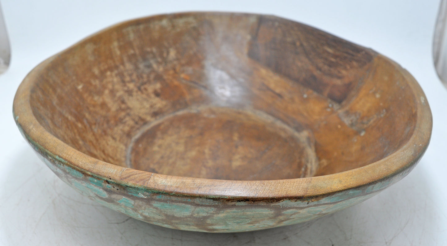 Antique Wooden Dough Kneading Parat Bowl Original Old Hand Carved Blue
