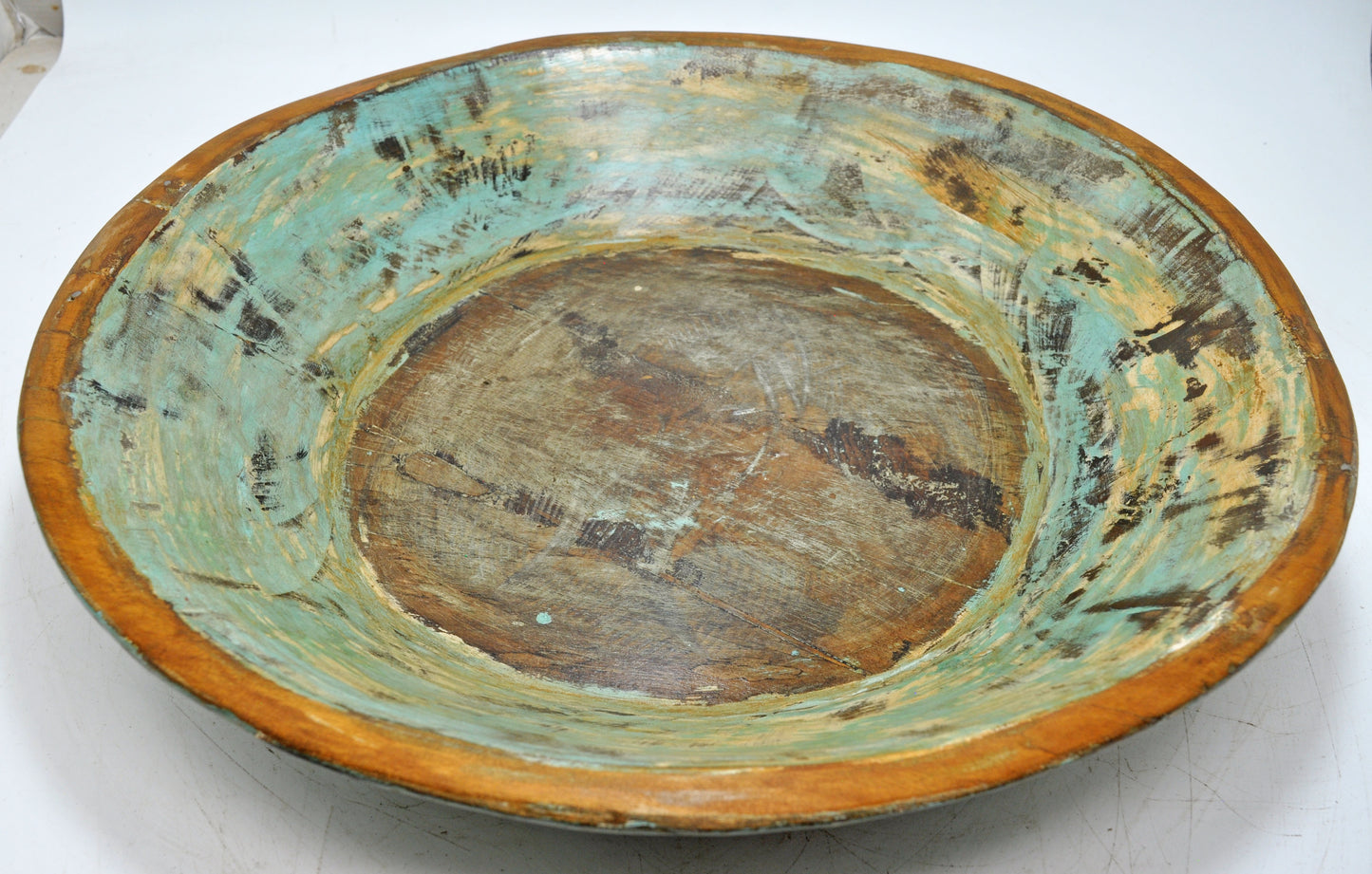 Antique Wooden Dough Kneading Parat Bowl Original Old Hand Carved Blue