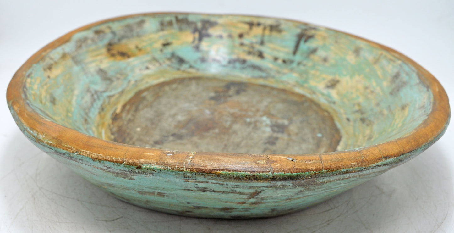 Antique Wooden Dough Kneading Parat Bowl Original Old Hand Carved Blue
