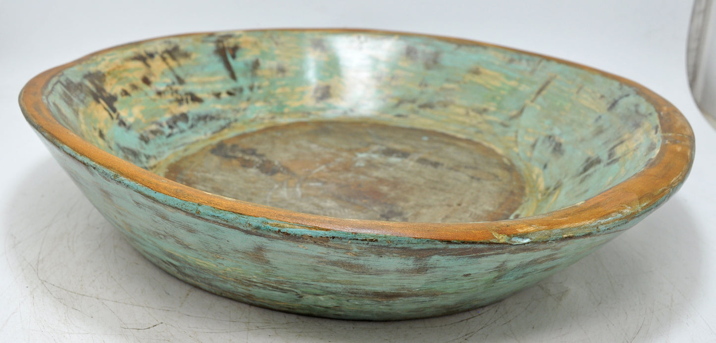 Antique Wooden Dough Kneading Parat Bowl Original Old Hand Carved Blue
