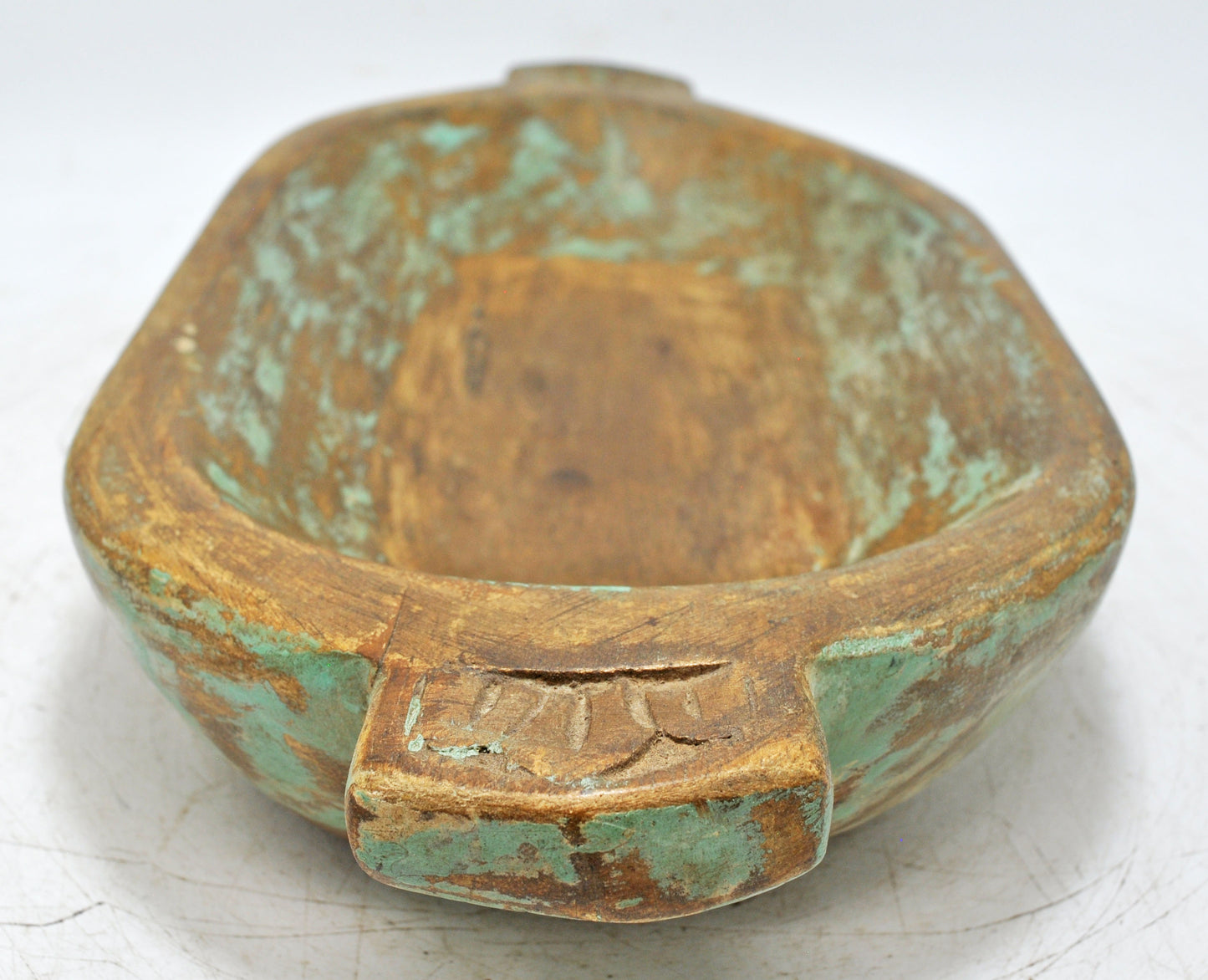 Antique Wooden Oval Kharal Bowl Original Old Hand Carved Green