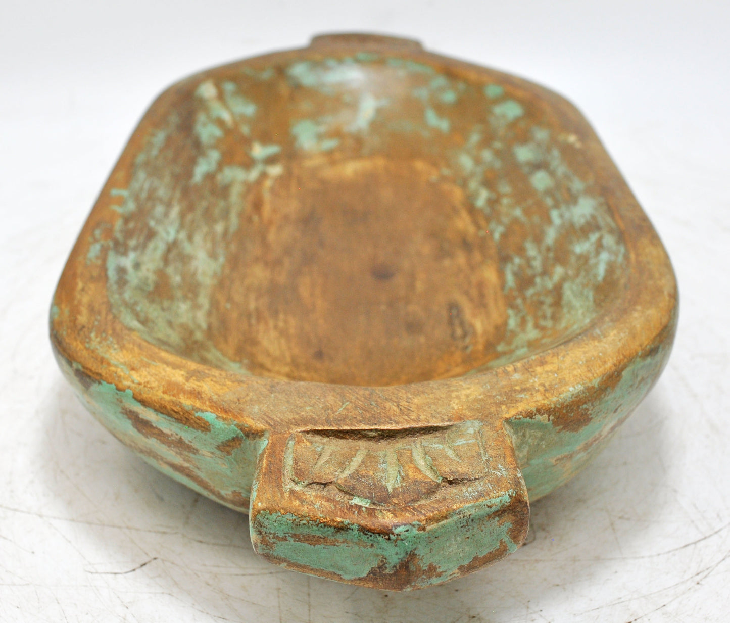 Antique Wooden Oval Kharal Bowl Original Old Hand Carved Green