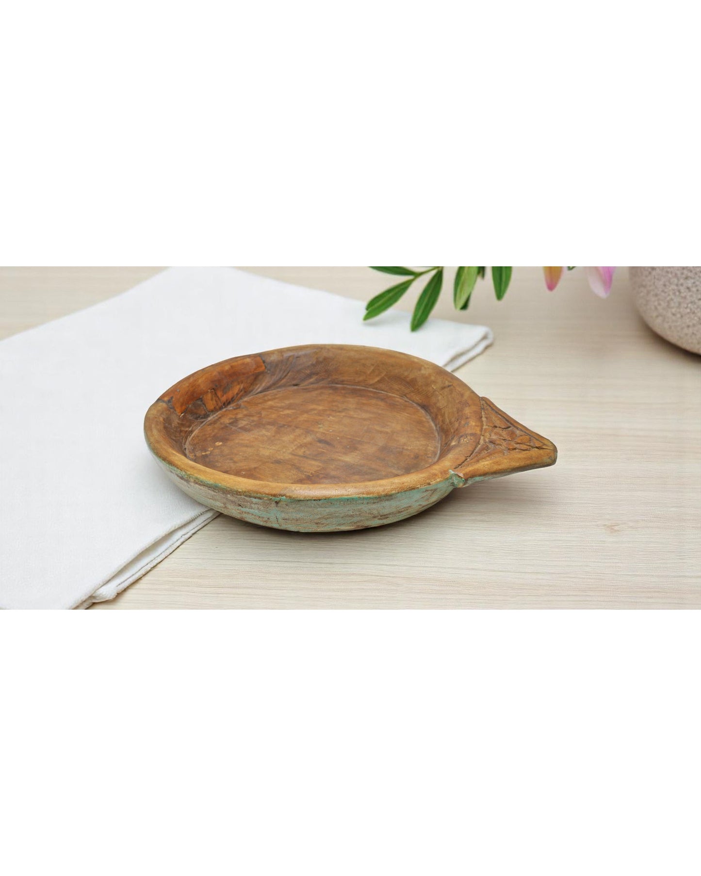 Antique Wooden Dough Kneading Parat Bowl Original Old Hand Carved Blue