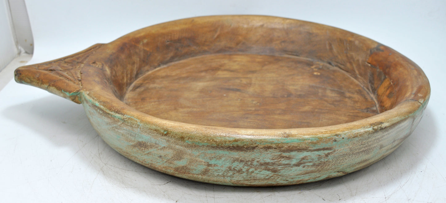 Antique Wooden Dough Kneading Parat Bowl Original Old Hand Carved Blue