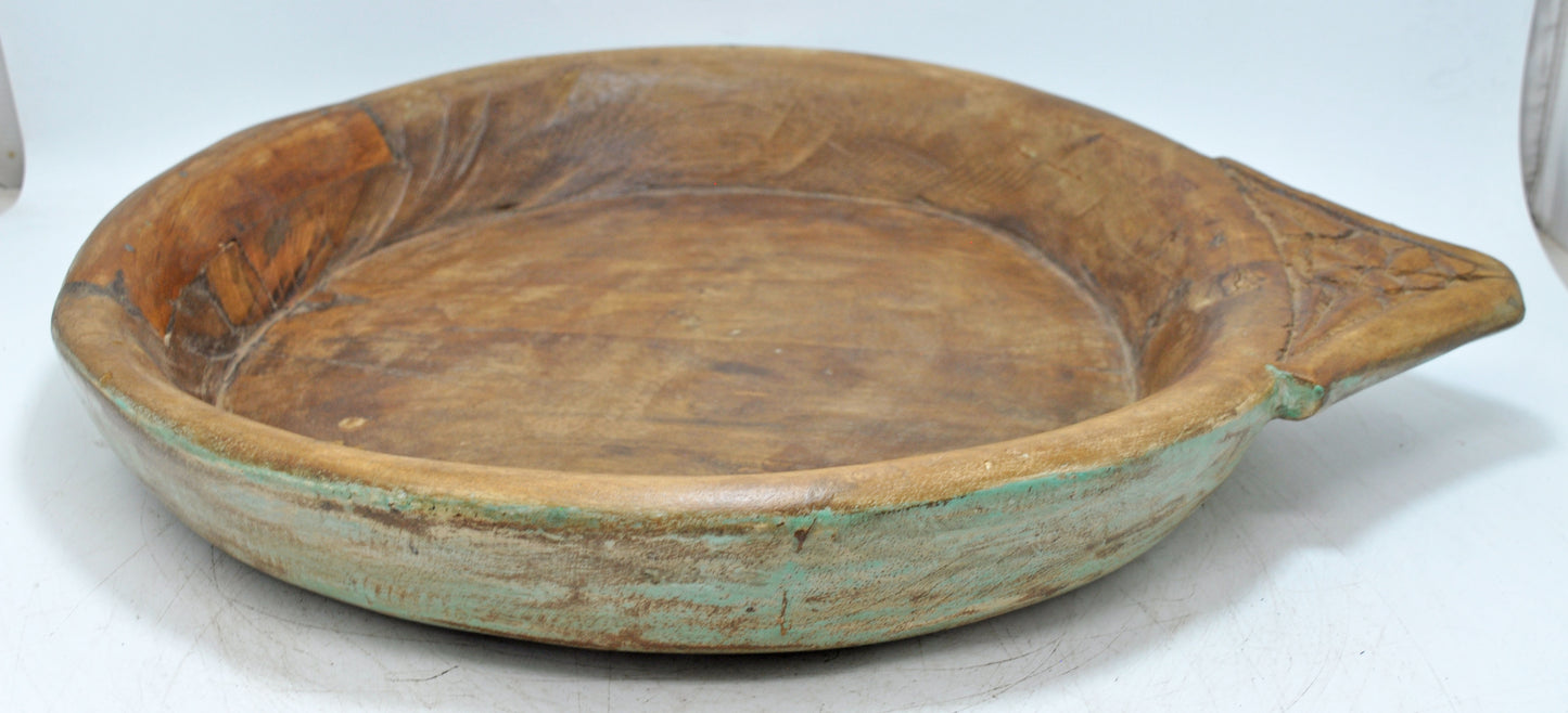 Antique Wooden Dough Kneading Parat Bowl Original Old Hand Carved Blue